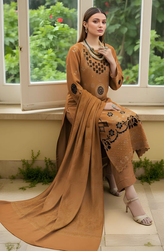Rifa Embroidered Slub Sweet Peach Unstitched 3 Piece Suit - Design-07 - RF25SW - Mustard - Winter Collection