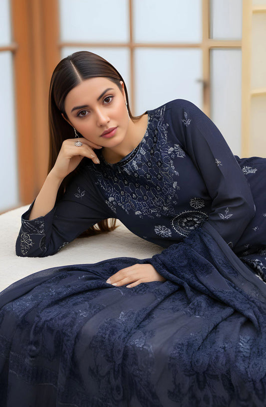 Rifa Embroidered Slub Sweet Peach Unstitched 3 Piece Suit - Design-06 - RF25SW - Blue - Winter Collection