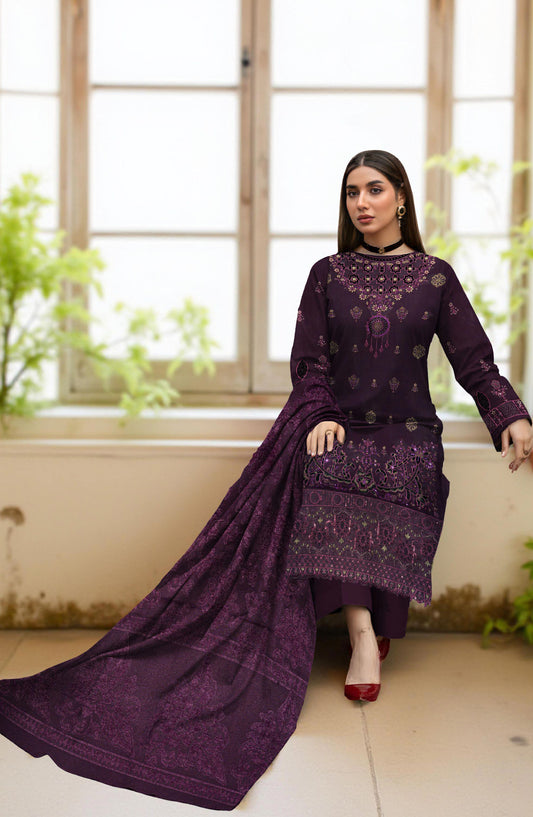 Rifa Embroidered Slub Sweet Peach Unstitched 3 Piece Suit - Design-05 - RF25SW - Purple - Winter Collection