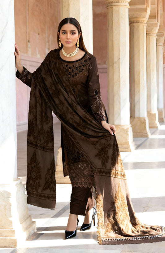 Rifa Embroidered Slub Sweet Peach Unstitched 3 Piece Suit - Design-03 - RF25SW - Brown - Winter Collection