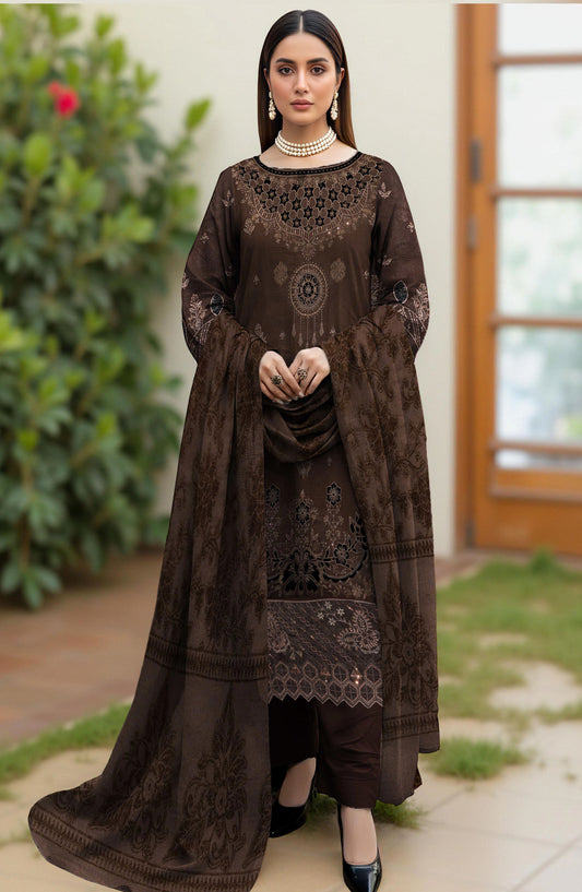 Rifa Embroidered Slub Sweet Peach Unstitched 3 Piece Suit - Design-03 - RF25SW - Brown - Winter Collection