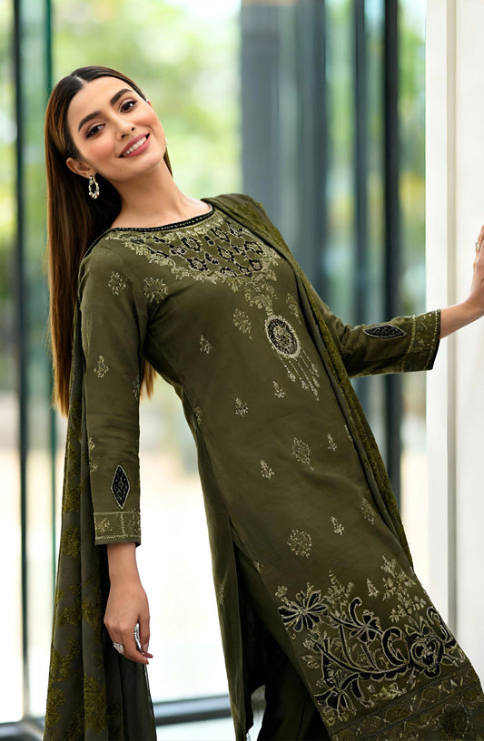 Rifa Embroidered Slub Sweet Peach Unstitched 3 Piece Suit - Design-01 - RF25SW - Green - Winter Collection