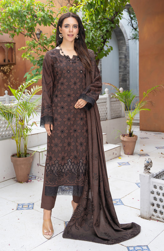 Roniq by Riaz Arts Premium Embroidered Peach Slub Unstitched 3 Piece Suit - Design-04 - RA25RNQ - Brown - Winter Collection