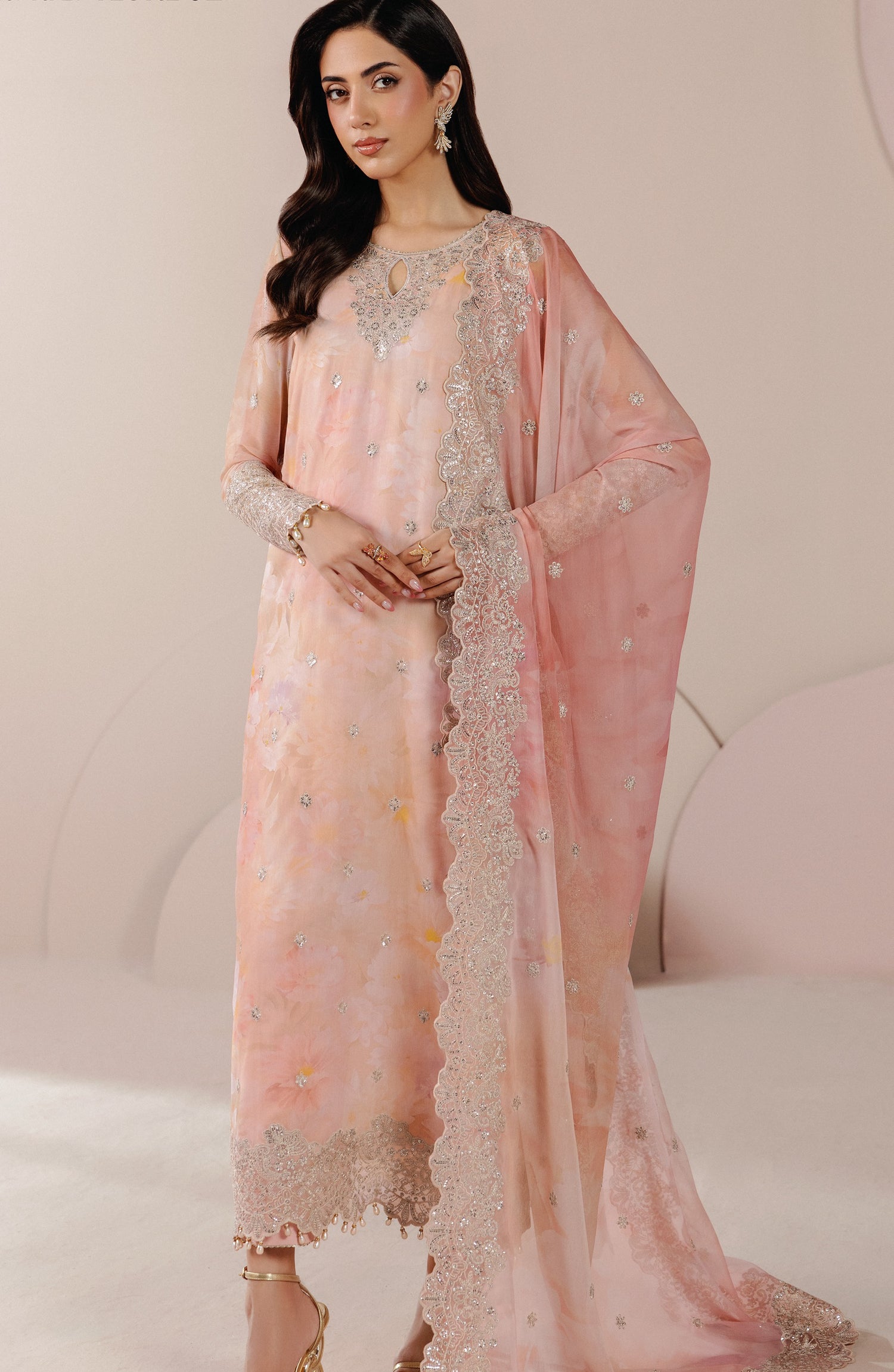 Roselle by Zarif Embroidered Chiffon Unstitched 3 Piece Suit - 02 Flore - ZRF26RS - Peach - Formals Collection