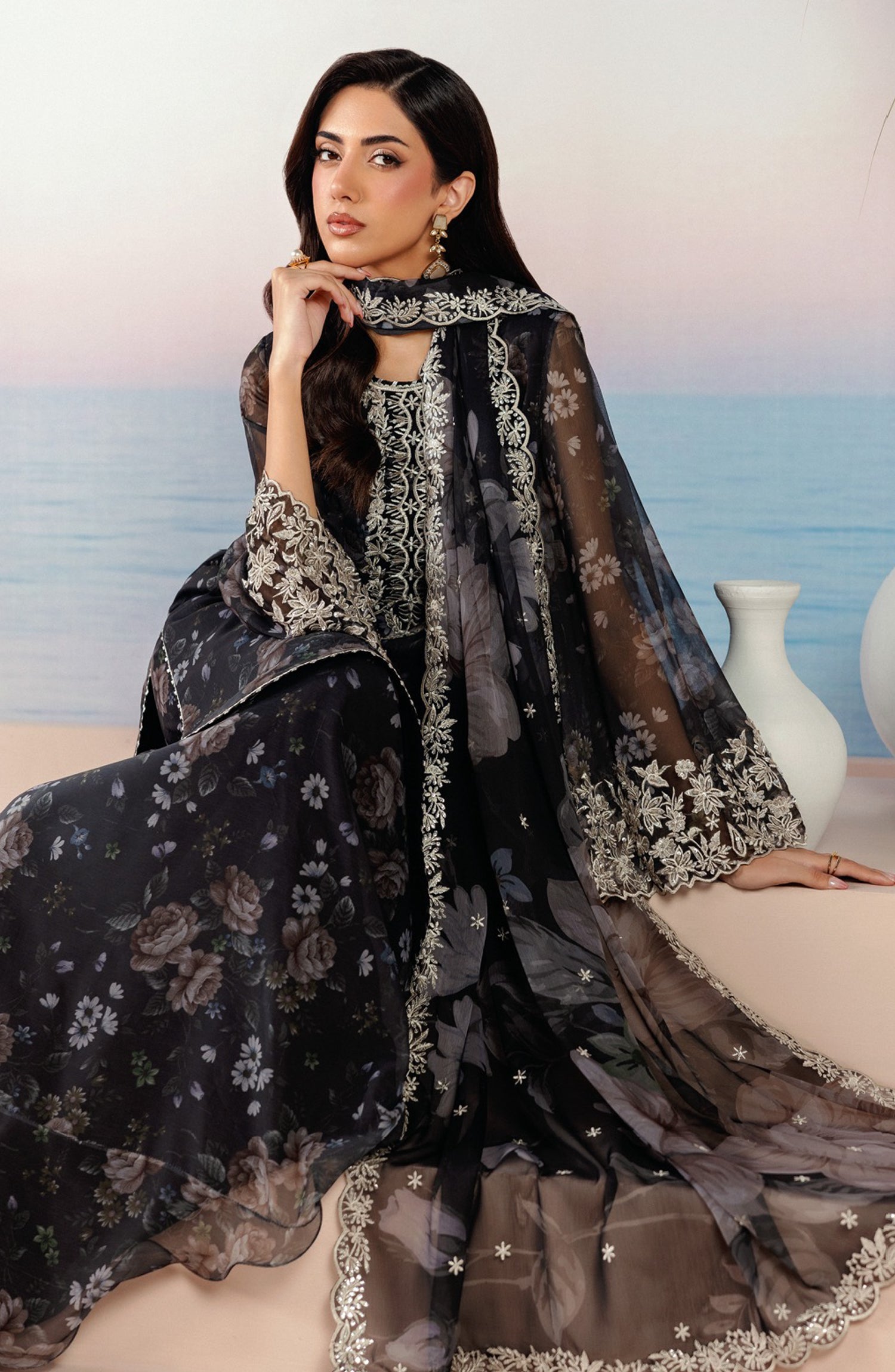 Roselle by Zarif Embroidered Chiffon Unstitched 3 Piece Suit - 05 Veloria - ZRF26RS - Black - Formals Collection