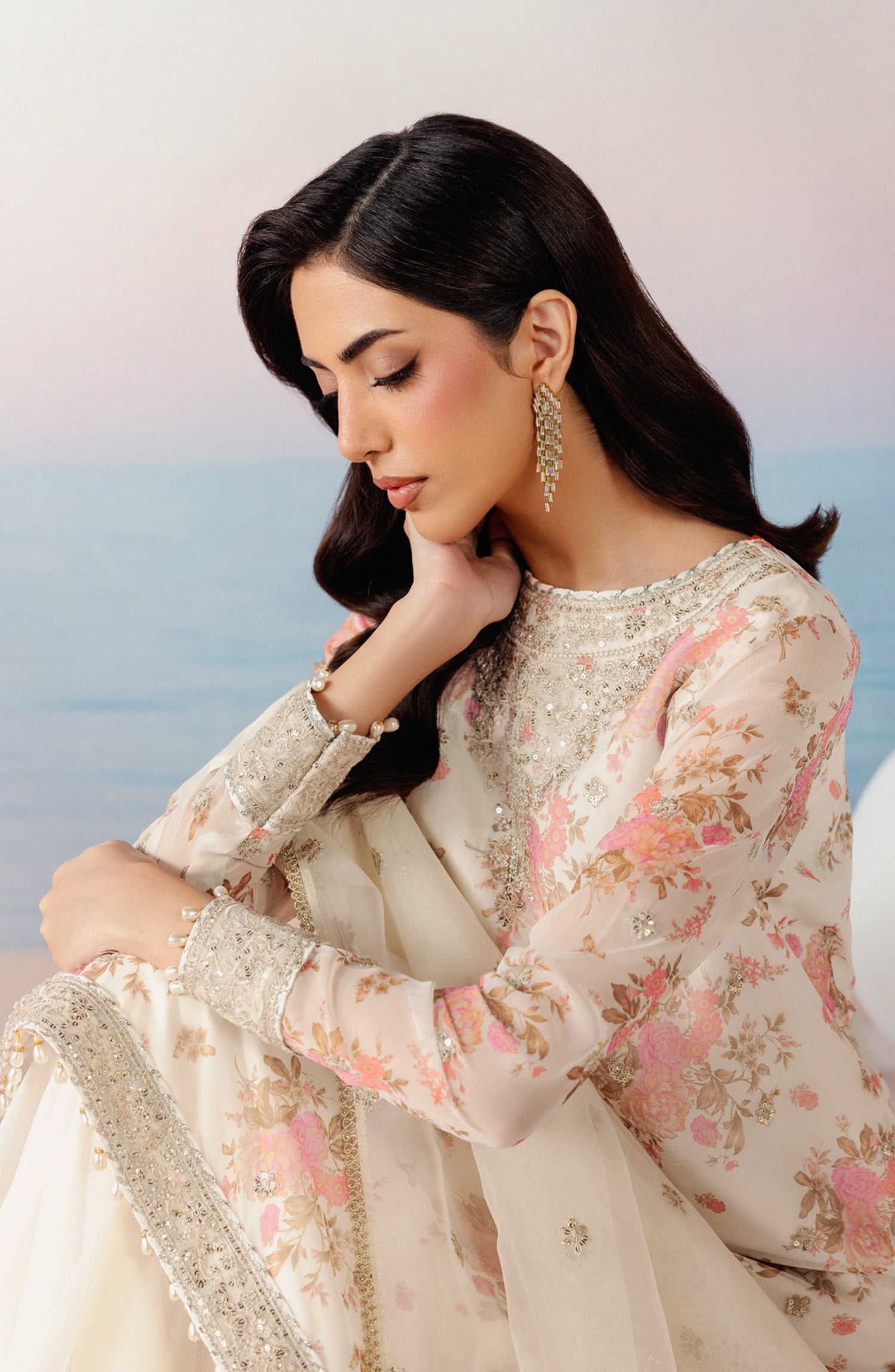 Roselle by Zarif Embroidered Chiffon Unstitched 3 Piece Suit - 07 Fable - ZRF26RS - Light Fawn - Formals Collection