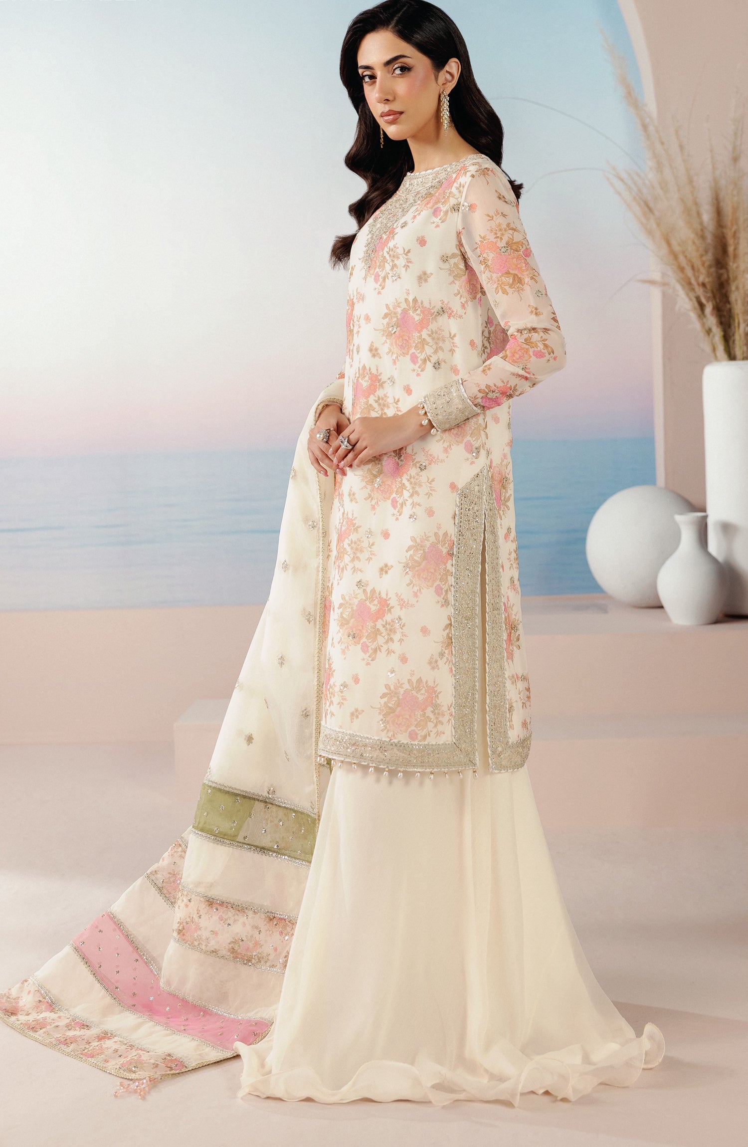 Roselle by Zarif Embroidered Chiffon Unstitched 3 Piece Suit - 07 Fable - ZRF26RS - Light Fawn - Formals Collection