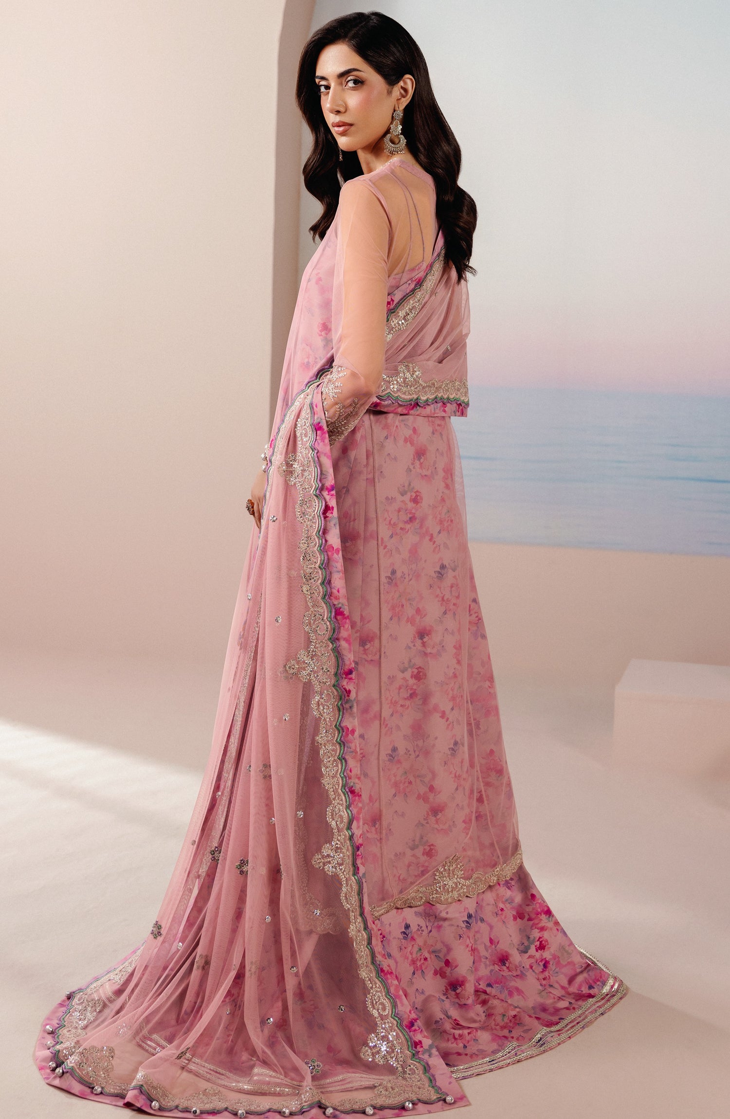 Roselle by Zarif Embroidered Net Unstitched 3 Piece Suit - 08 Twirl - ZRF26RS - Pink - Formals Collection