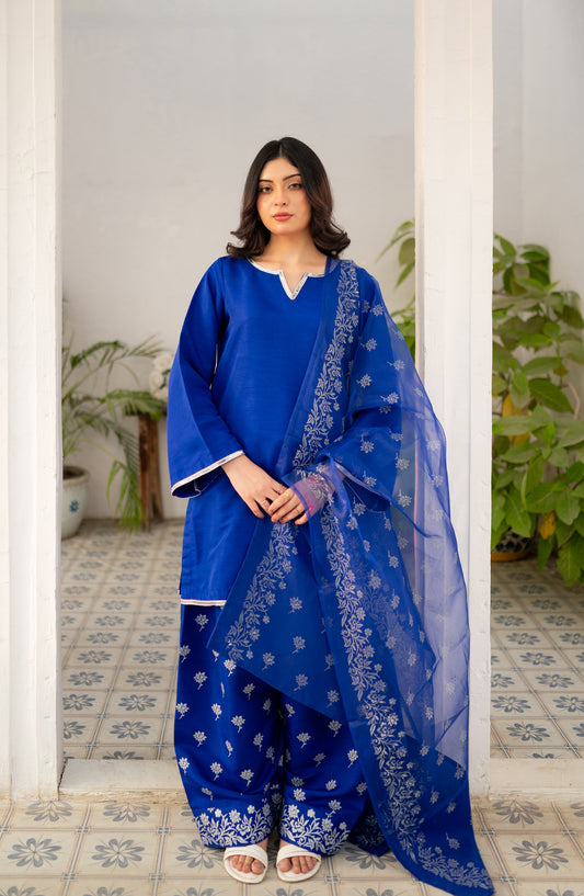 Royal Blue Farshi Shalwar Suit Printed Rawsilk Stitched 3 Piece Suit - ZAU-RBFSS - ZK26ED - Eid Collection