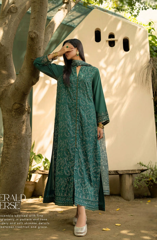 Rua by Casual Lite Embroidered Premium Linen Stitched 3 Piece Suit - D-04 Emerald Verse - CL25RU - Green - Winter Collection