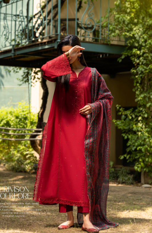 Rua by Casual Lite Embroidered Premium Linen Stitched 3 Piece Suit - D-02 Crimson Folklore - CL25RU - Red - Winter Collection