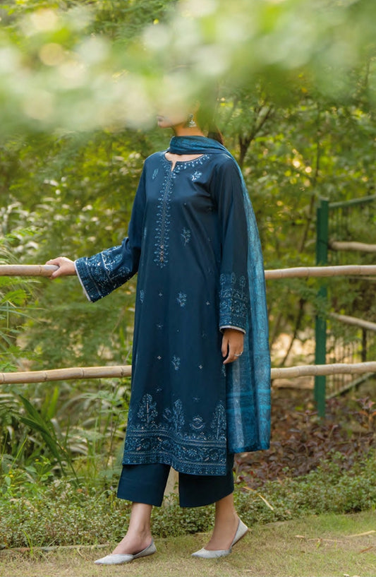 Rua by Casual Lite Embroidered Premium Linen Stitched 3 Piece Suit - D-07 Teal Mirage - CL25RU - Teal - Winter Collection