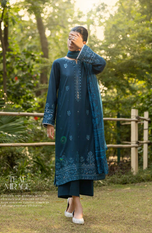 Rua by Casual Lite Embroidered Premium Linen Stitched 3 Piece Suit - D-07 Teal Mirage - CL25RU - Teal - Winter Collection