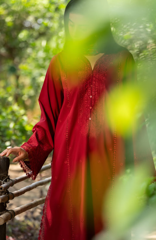 Rua by Casual Lite Embroidered Premium Linen Stitched 3 Piece Suit - D-02 Crimson Folklore - CL25RU - Red - Winter Collection