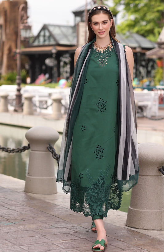 Noor by Saadia Asad Embroidered Lawn Chikankari Unstitched 3 Piece Suit - SA25ELC - D12 - Green - Festive Collection