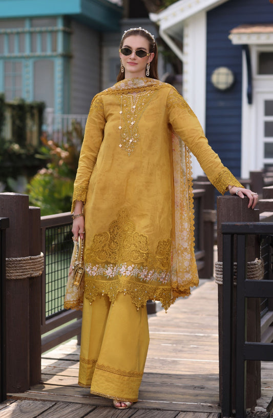Noor by Saadia Asad Embroidered Lawn Chikankari Unstitched 3 Piece Suit - SA25ELC - D3 - Yellow - Festive Collection