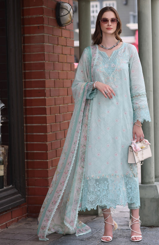 Noor by Saadia Asad Embroidered Lawn Chikankari Unstitched 3 Piece Suit - SA25ELC - D6 - Sky Blue - Festive Collection