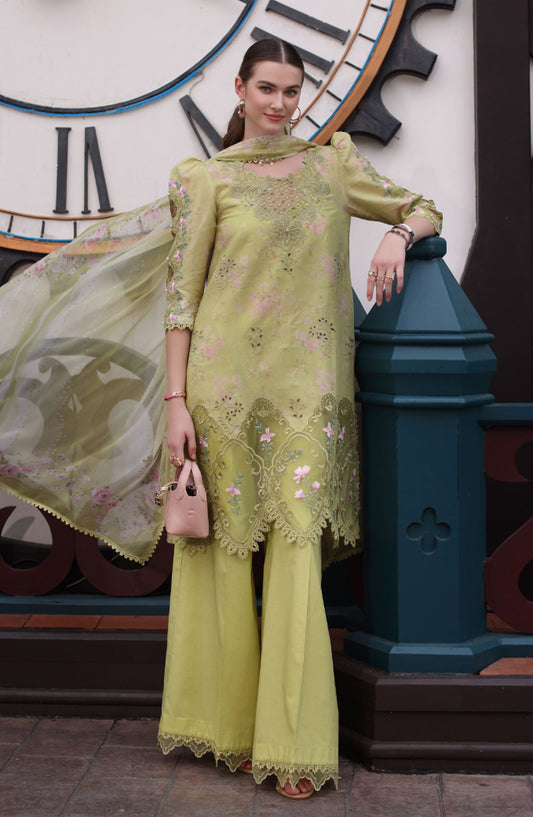Noor by Saadia Asad Embroidered Lawn Chikankari Unstitched 3 Piece Suit - SA25ELC - D8 - Green - Festive Collection