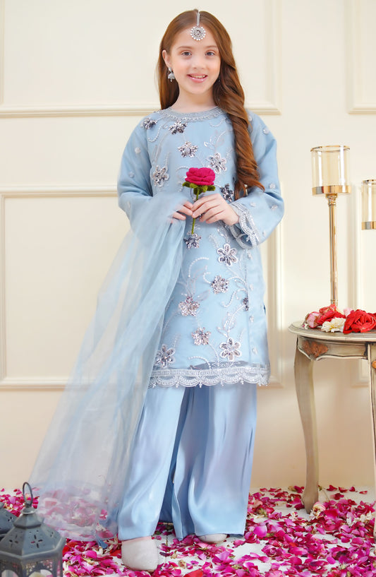 Shanzey Embroidered Net Stitched 4 Piece Suit - SHK-3902 - SHZ25RKB - Blue - Girls Festive Collection