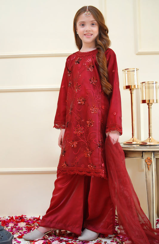 Shanzey Embroidered Net Stitched 4 Piece Suit - SHK-3903 - SHZ25RKB - Red - Girls Festive Collection