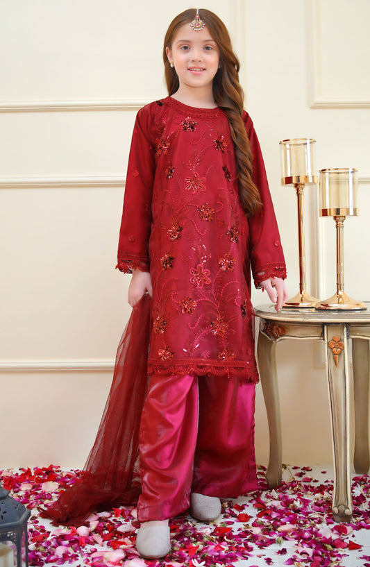 Shanzey Embroidered Net Stitched 4 Piece Suit - SHK-3903 - SHZ25RKB - Red - Girls Festive Collection
