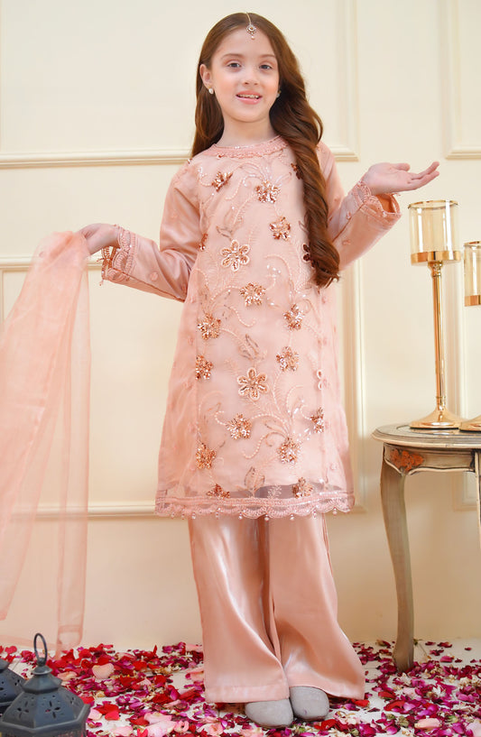 Shanzey Embroidered Net Stitched 4 Piece Suit - SHK-3905 - SHZ25RKB - Peach - Girls Festive Collection