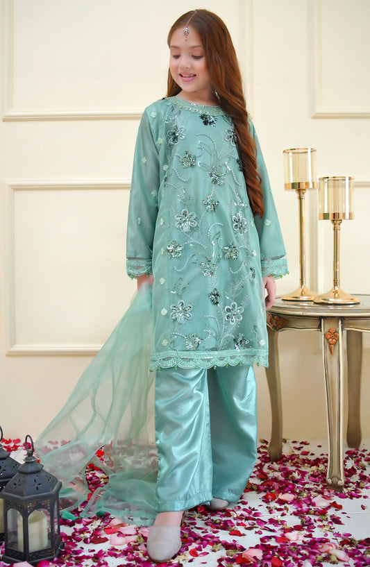 Shanzey Embroidered Net Stitched 4 Piece Suit - SHK-3906 - SHZ25RKB - Green - Girls Festive Collection