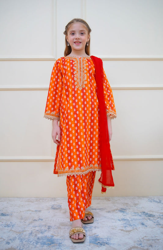 Twinkle Stitches by Shanzey Embroidered Lawn Pret 3 Piece Suit - SHZ25SNL - SHK-4411 - Red & Orange - Girls Eid Collection