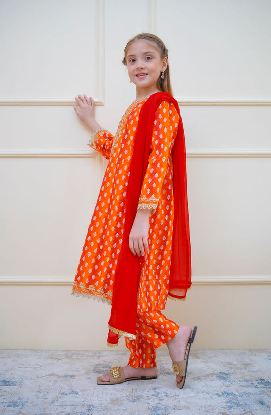 Twinkle Stitches by Shanzey Embroidered Lawn Pret 3 Piece Suit - SHZ25SNL - SHK-4411 - Red & Orange - Girls Eid Collection