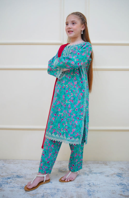 Twinkle Stitches by Shanzey Embroidered Lawn Pret 3 Piece Suit - SHZ25SNL - SHK-4412 - Sea Green - Girls Eid Collection