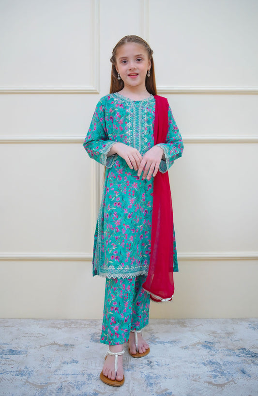Twinkle Stitches by Shanzey Embroidered Lawn Pret 3 Piece Suit - SHZ25SNL - SHK-4412 - Sea Green - Girls Eid Collection