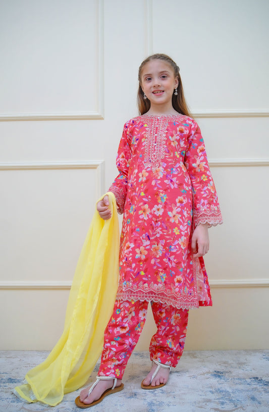 Twinkle Stitches by Shanzey Embroidered Lawn Pret 3 Piece Suit - SHZ25SNL - SHK-4413 - Pink - Girls Eid Collection