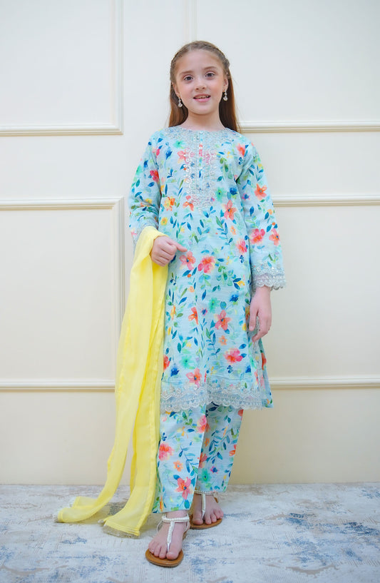Twinkle Stitches by Shanzey Embroidered Lawn Pret 3 Piece Suit - SHZ25SNL - SHK-4414 - Sky Blue - Girls Eid Collection