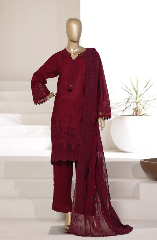 Sadabahar 3D Laser Work Chikankari Stitched 3 Piece Suit - D-05 - SBD26LSR - Maroon - Festive Collection