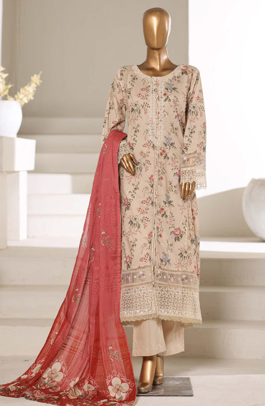 Sadabahar Embroidered Lawn Stitched 3 Piece Suit - D-05 - SBD26FNC - Fawn - Festive Collection