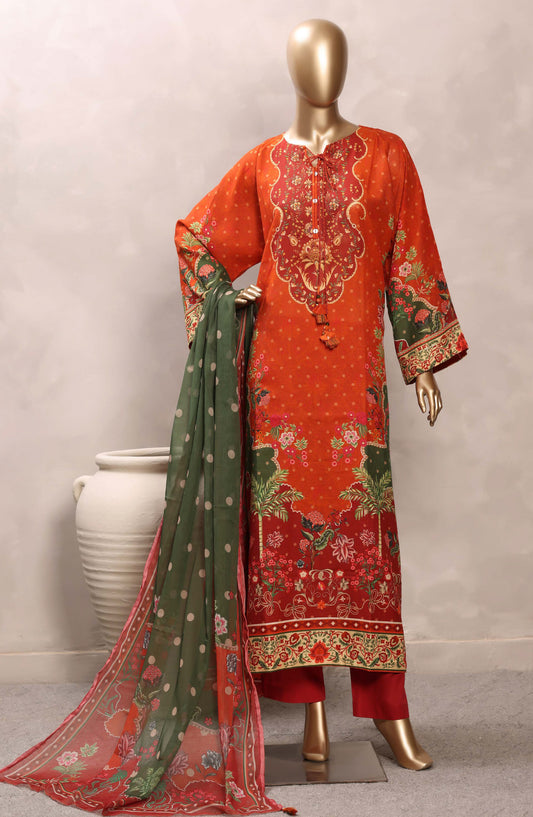 Sadabahar Printed Chamti Cotton Stitched Kaftan 3 Piece Suit - D-10 - SBD26TRF - Orange - Summer Collection