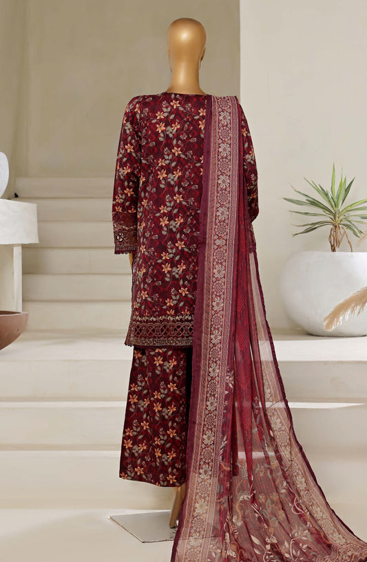 Malika by Sadabahar Embroidered Lawn Stitched 3 Piece Suit - D-03 - SBD25MEV4 - Maroon - Festive Collection