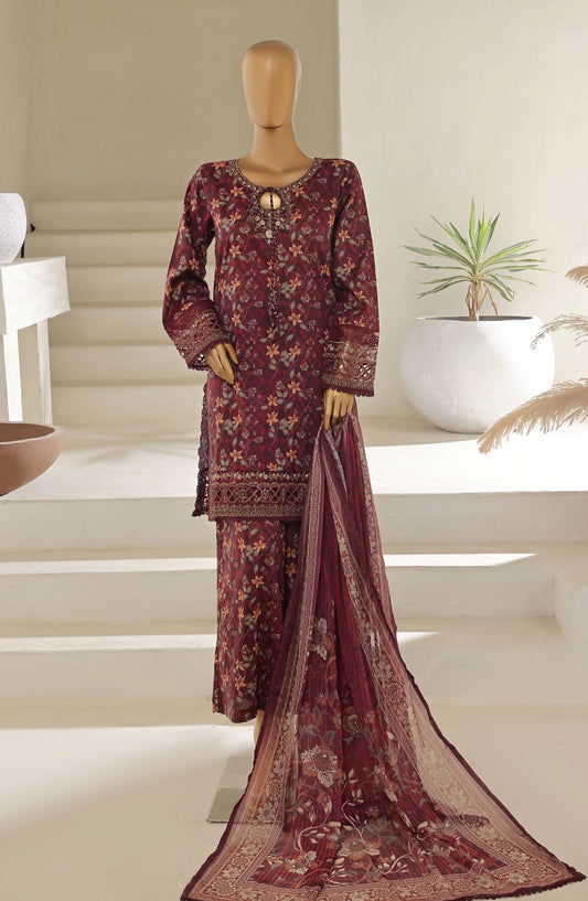 Malika by Sadabahar Embroidered Lawn Stitched 3 Piece Suit - D-03 - SBD25MEV4 - Maroon - Festive Collection