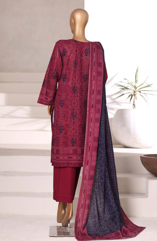 Sadabahar Printed Khaddar Stitched 3 Piece Suit - Design-03 - SBD25KHD - Maroon - Winter Collection