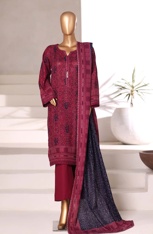 Sadabahar Printed Khaddar Stitched 3 Piece Suit - Design-03 - SBD25KHD - Maroon - Winter Collection