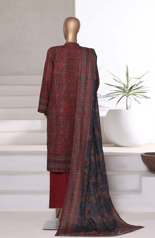 Sadabahar Printed Khaddar Stitched 3 Piece Suit - Design-09 - SDB25KHD - Maroon - Winter Collection