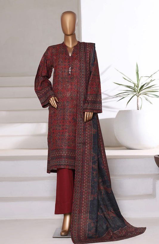 Sadabahar Printed Khaddar Stitched 3 Piece Suit - Design-09 - SDB25KHD - Maroon - Winter Collection