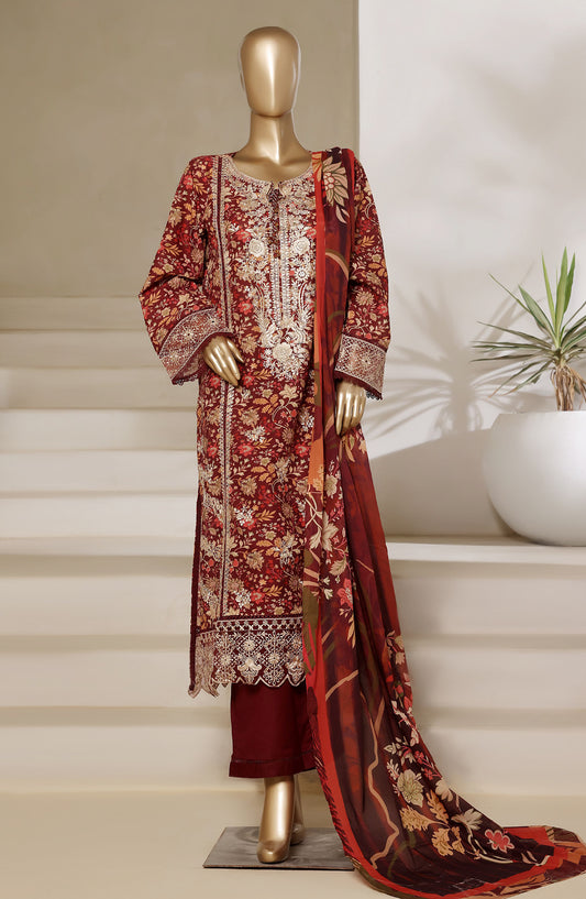 Sadabahar Embroidered Lawn Stitched 3 Piece Suit - Design-10 - SD25SGF2 - Maroon - Festive Collection