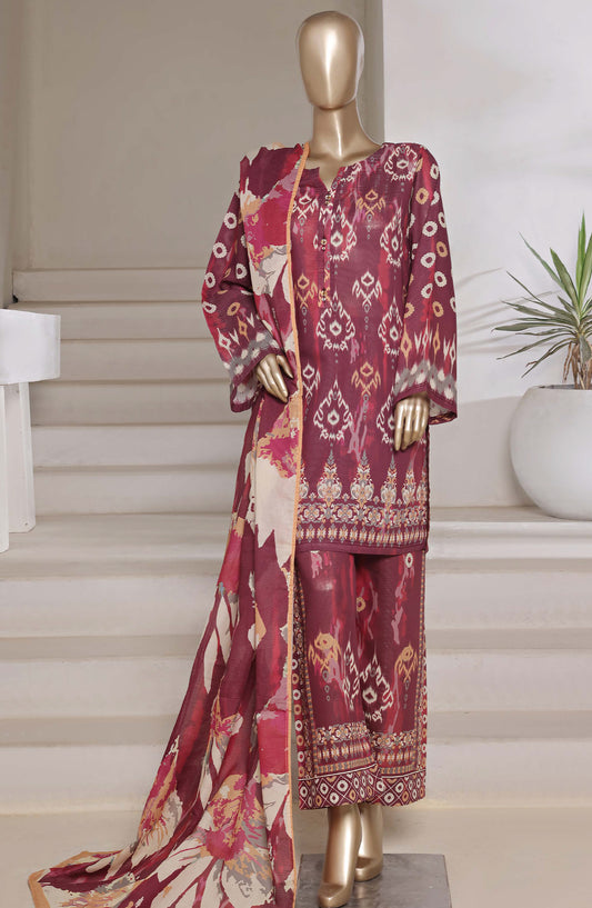 Sadabahar Printed Shimmered Cambric Stitched 3 Piece Suit - Design-06 - SBD25SHM - Maroon - Summer Collection