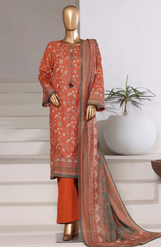 Sadabahar Printed Khaddar Stitched 3 Piece Suit - Design-03 - SBD25SHIMR - Orange - Winter Collection