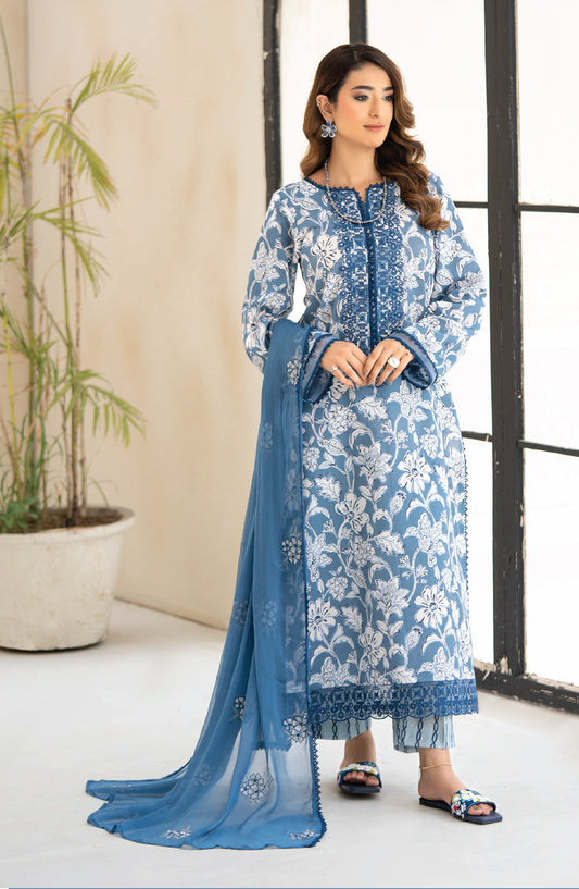 Saffron by Sanam Saeed Embroidered Lawn Unstitched 3 Piece Suit - D-01 - AK26SOF - Blue - Summer Collection