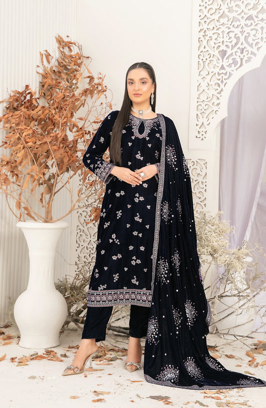 Sajni by Tawakkal Fabric Fancy Embroidered Velvet Unstitched 3 Piece Suit - D-5198 - TF25SAJ - Blue - Luxury Collection