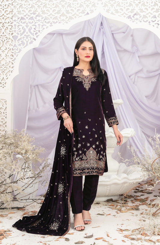 Sajni by Tawakkal Fabric Fancy Embroidered Velvet Unstitched 3 Piece Suit - D-5196 - TF25SAJ - Purple - Luxury Collection