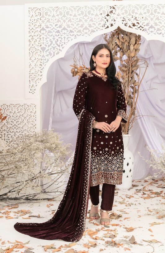 Sajni by Tawakkal Fabric Fancy Embroidered Velvet Unstitched 3 Piece Suit - D-5195 - TF25SAJ - Maroon - Luxury Collection