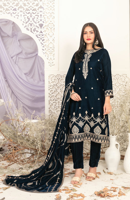 Sajni by Tawakkal Fabric Fancy Embroidered Velvet Unstitched 3 Piece Suit - D-5193 - TF25SAJ - Blue - Luxury Collection